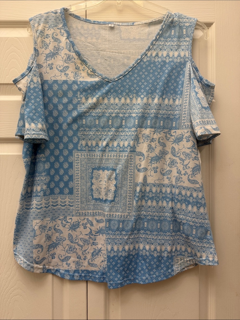 Blue Patchwork Cold-Shoulder Tank Top